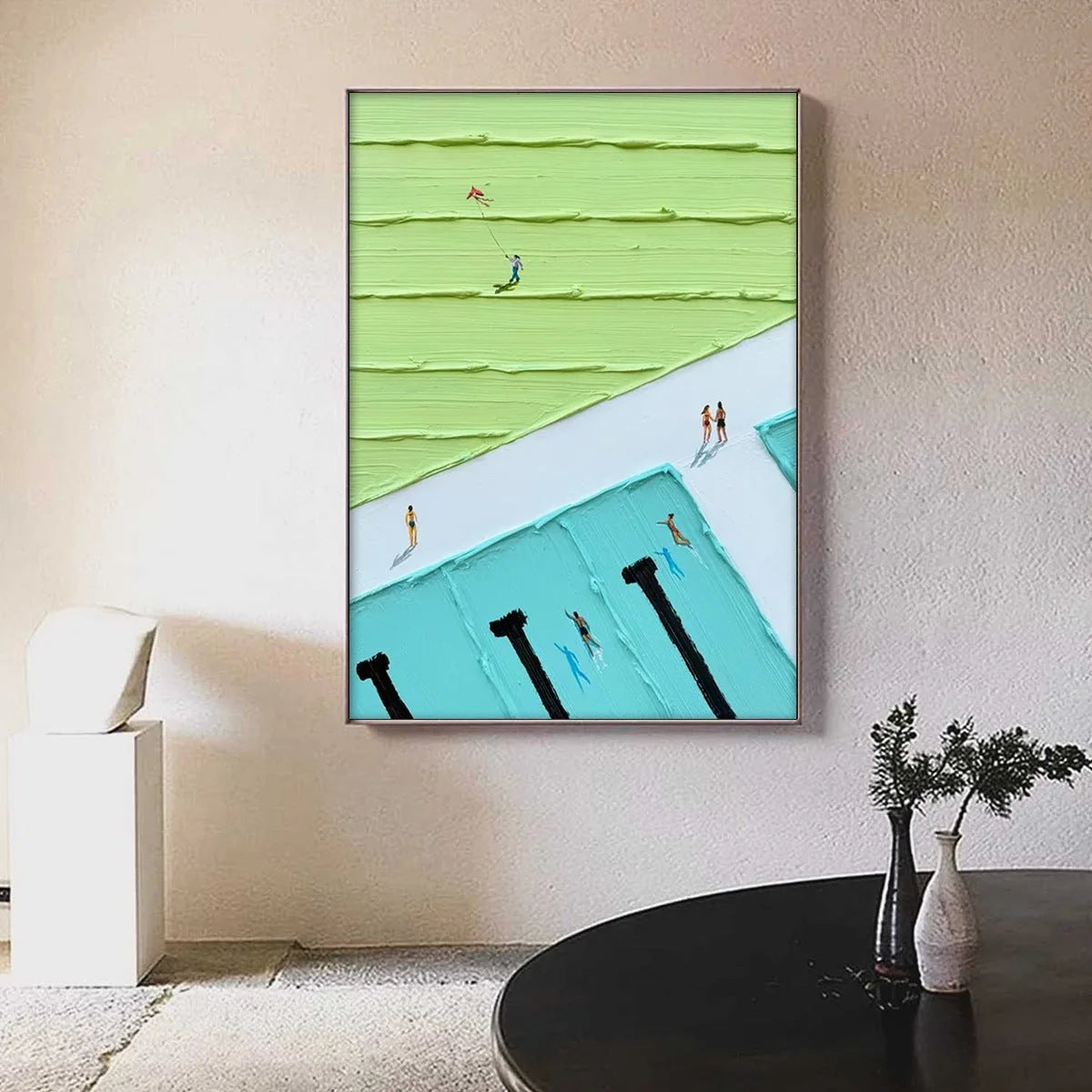 AQUA PROMENADE: Minimalist Poolside Cityscape Oil Painting | Minimalist closeup, raised brushwork detail