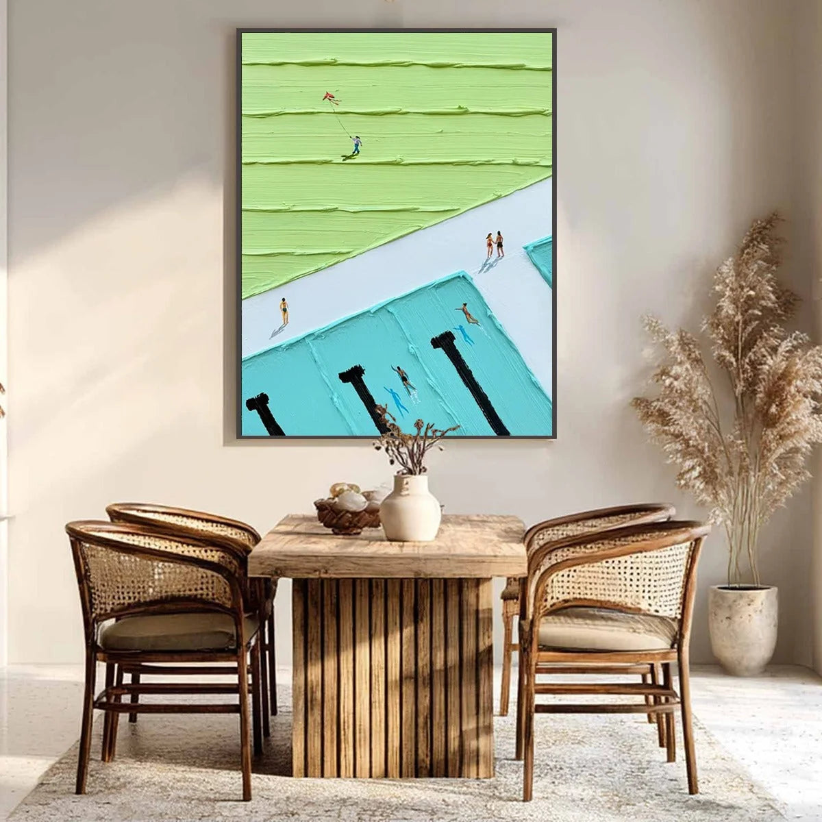 AQUA PROMENADE: Minimalist Poolside Cityscape Oil Painting | rectangular format, hand-painted canvas edge