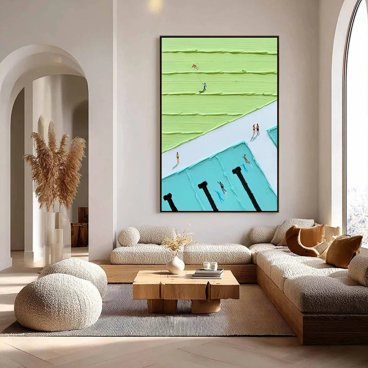 AQUA PROMENADE: Minimalist Poolside Cityscape Oil Painting | rolled canvas, ready for custom framing