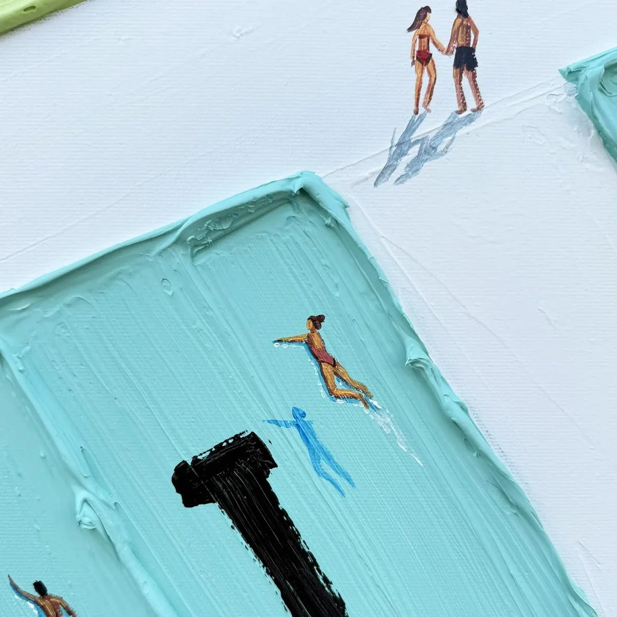AQUA PROMENADE: Minimalist Poolside Cityscape Oil Painting | black frame version on white wall