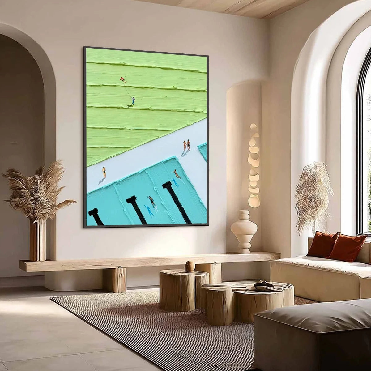 AQUA PROMENADE: Minimalist Poolside Cityscape Oil Painting | Minimalist mood, soft natural light studio shot