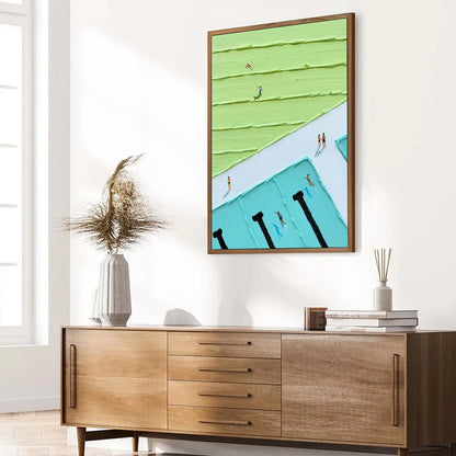 AQUA PROMENADE: Minimalist Poolside Cityscape Oil Painting | beige palette, original Hand-painted on premium stretched canvas using artist-grade oils; rich layered surface combines smooth gradients...