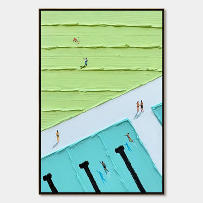 AQUA PROMENADE: Minimalist Poolside Cityscape Oil Painting | hanging in AQUA PROMENADE: Minimalist Poolside Cityscape Oil Painting featuring layered textured brushwork in refined tones; minimalist ...