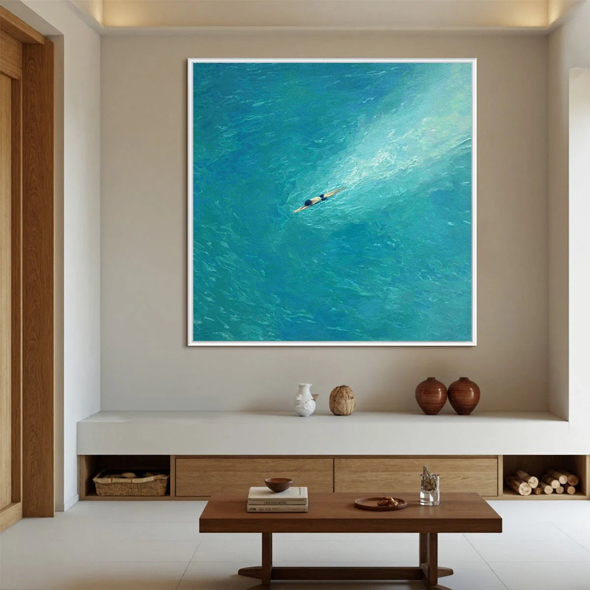 AQUA SOLITUDE: Minimalist Ocean Scene Oil Painting | Minimalist closeup, raised brushwork detail