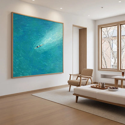 AQUA SOLITUDE: Minimalist Ocean Scene Oil Painting | gold frame stretched on neutral wall