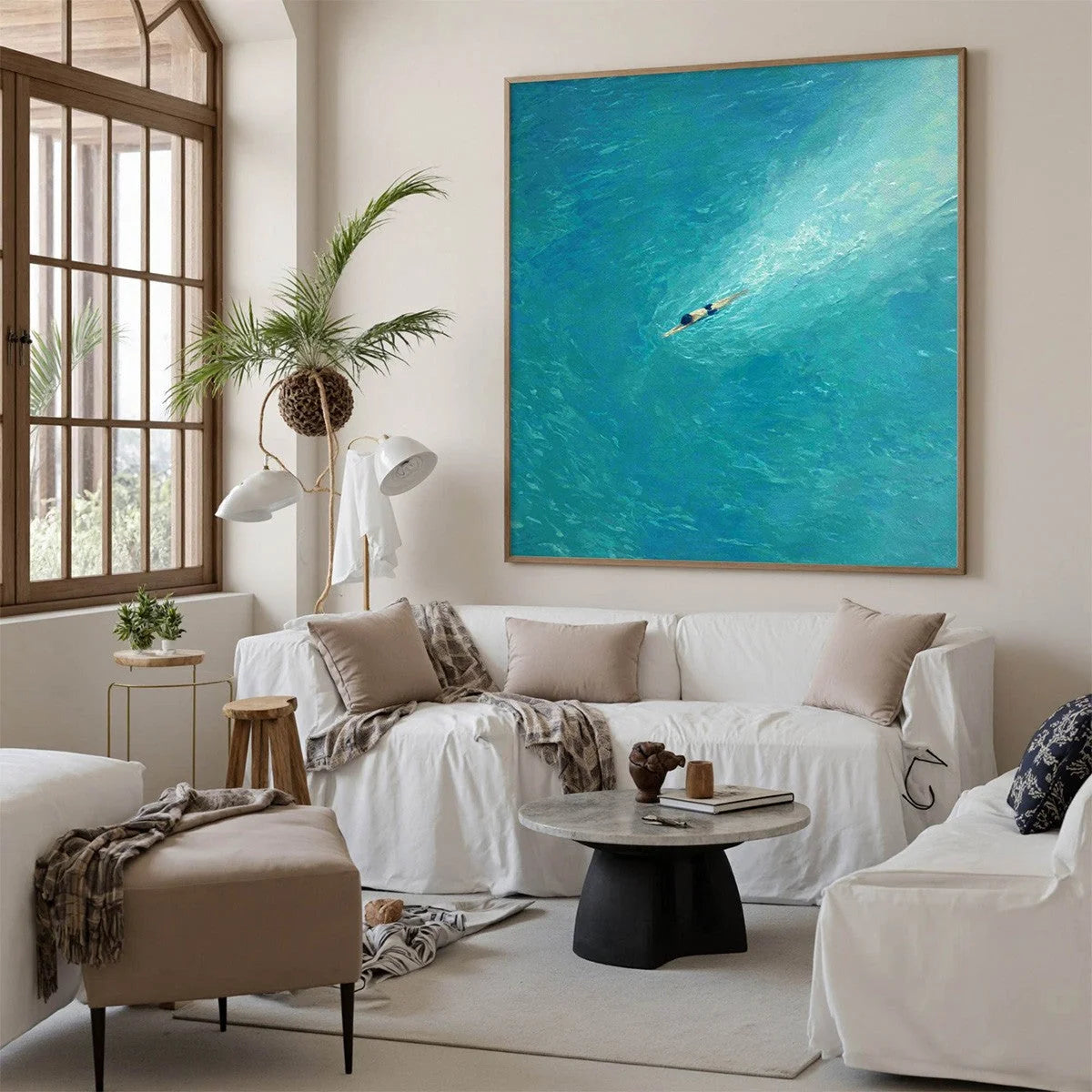 AQUA SOLITUDE: Minimalist Ocean Scene Oil Painting | Minimalist mood, soft natural light studio shot