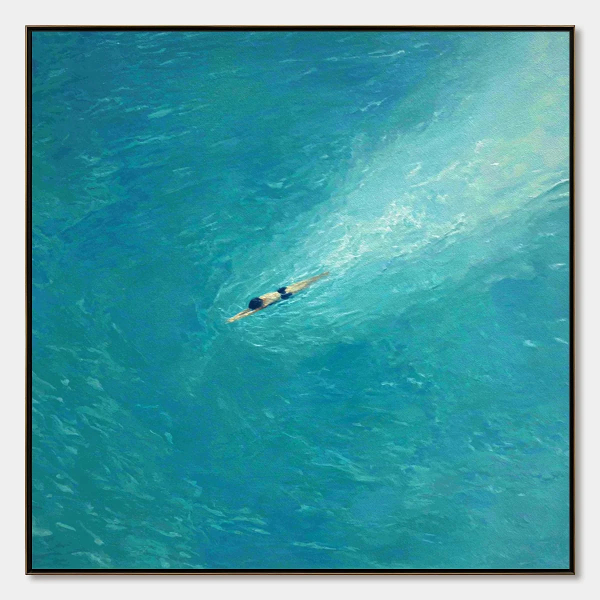 AQUA SOLITUDE: Minimalist Ocean Scene Oil Painting | hanging in AQUA SOLITUDE: Minimalist Ocean Scene Oil Painting featuring layered textured brushwork in refined tones; minimalist composition with...