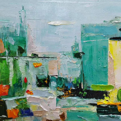 AQUAMARINE CITY: Textured Abstract Cityscape Oil Painting | rectangular format, hand-painted canvas edge