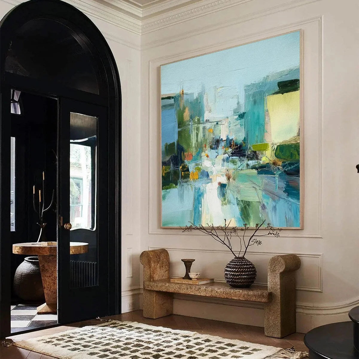 AQUAMARINE CITY: Textured Abstract Cityscape Oil Painting | gold frame stretched on neutral wall