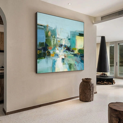 AQUAMARINE CITY: Textured Abstract Cityscape Oil Painting | rolled canvas, ready for custom framing