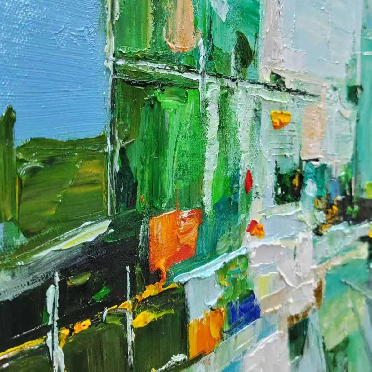 AQUAMARINE CITY: Textured Abstract Cityscape Oil Painting | black frame version on white wall