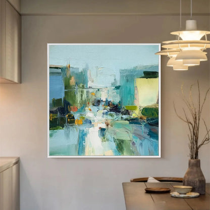 AQUAMARINE CITY: Textured Abstract Cityscape Oil Painting | Abstract mood, soft natural light studio shot