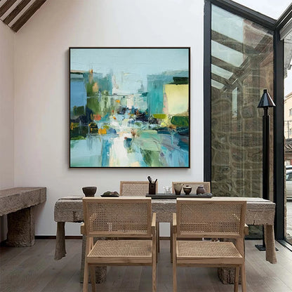 AQUAMARINE CITY: Textured Abstract Cityscape Oil Painting | beige palette, original Hand-painted on premium stretched canvas using artist-grade oils; rich layered surface combines smooth gradients ...