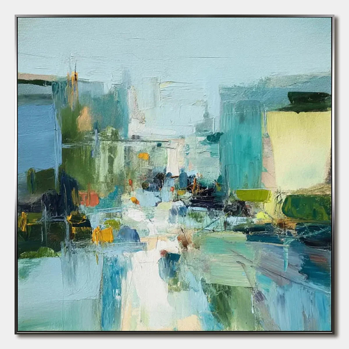 AQUAMARINE CITY: Textured Abstract Cityscape Oil Painting | hanging in AQUAMARINE CITY: Textured Abstract Cityscape Oil Painting featuring layered textured brushwork in refined tones; abstract comp...
