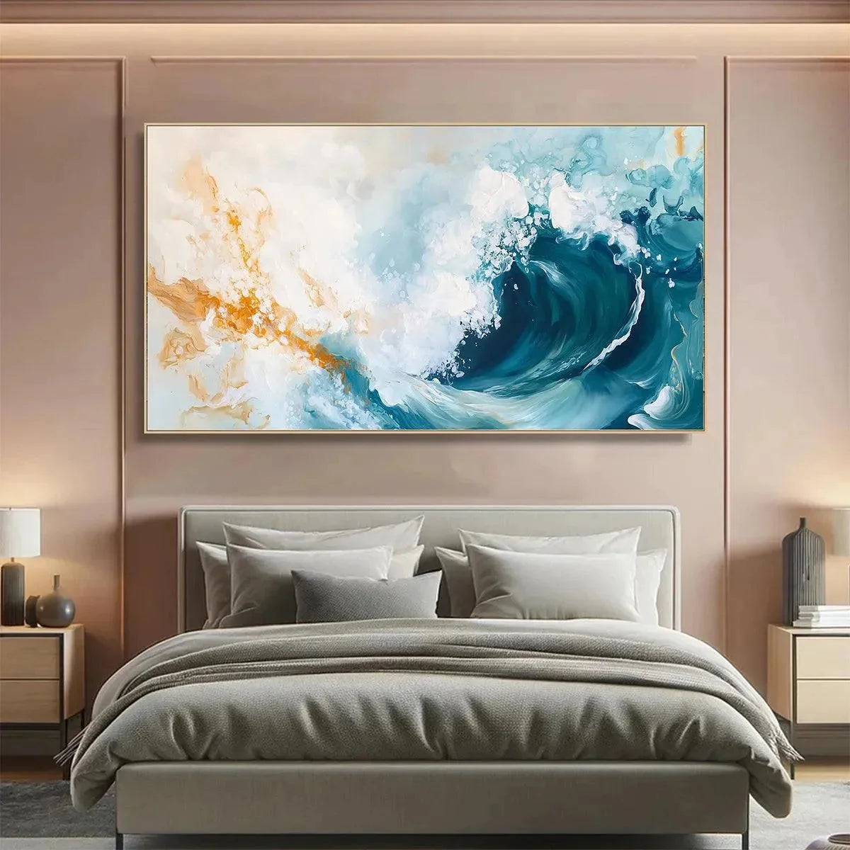 AQUAMARINE CREST: Panoramic Abstract Ocean Wave Painting | Abstract closeup, raised brushwork detail