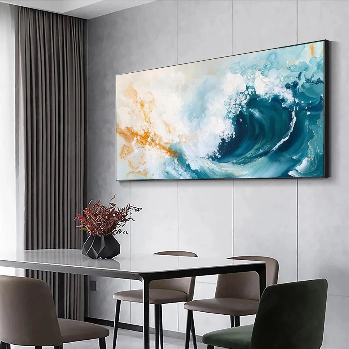 AQUAMARINE CREST: Panoramic Abstract Ocean Wave Painting | rectangular format, hand-painted canvas edge