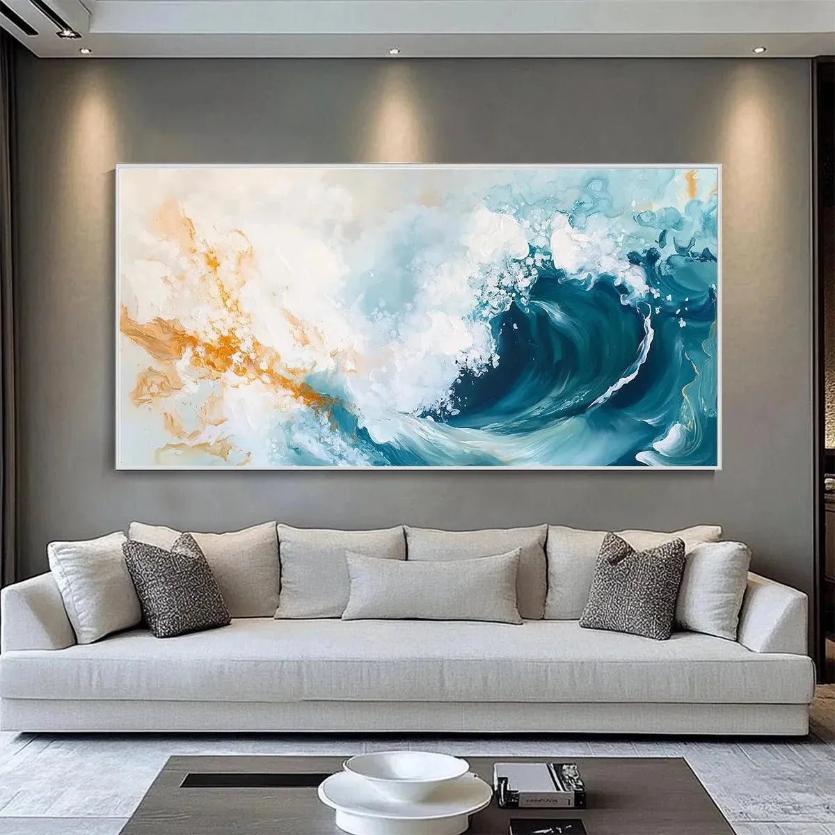 AQUAMARINE CREST: Panoramic Abstract Ocean Wave Painting | rolled canvas, ready for custom framing