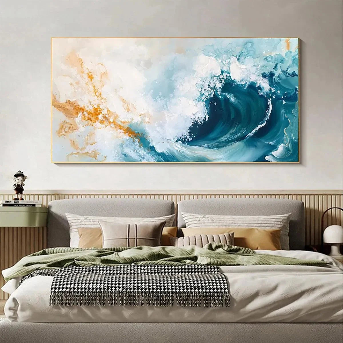 AQUAMARINE CREST: Panoramic Abstract Ocean Wave Painting | black frame version on white wall
