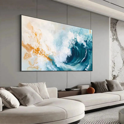 AQUAMARINE CREST: Panoramic Abstract Ocean Wave Painting | Abstract mood, soft natural light studio shot
