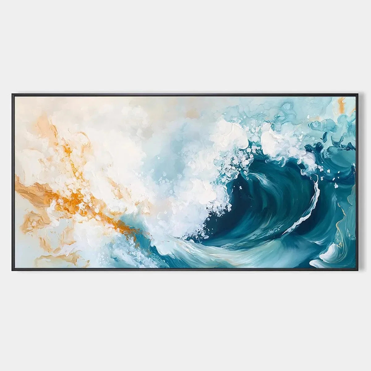 AQUAMARINE CREST: Panoramic Abstract Ocean Wave Painting | hanging in AQUAMARINE CREST: Panoramic Abstract Ocean Wave Painting featuring layered textured brushwork in refined tones; abstract compos...
