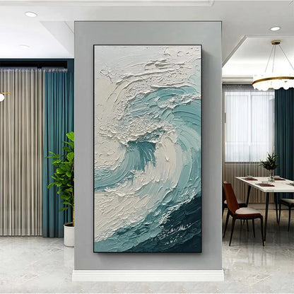 AQUAMARINE CREST: Textured Ocean Wave Painting, Vertical Canvas, Coastal Wall Art | Abstract closeup, raised brushwork detail