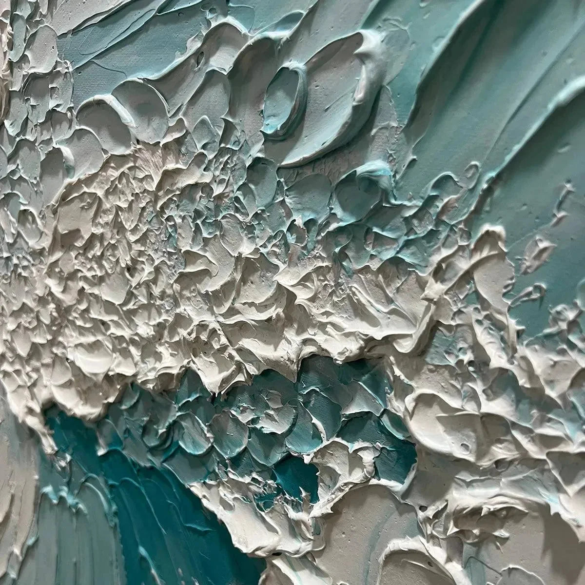 AQUAMARINE CREST: Textured Ocean Wave Painting, Vertical Canvas, Coastal Wall Art | gold frame stretched on neutral wall
