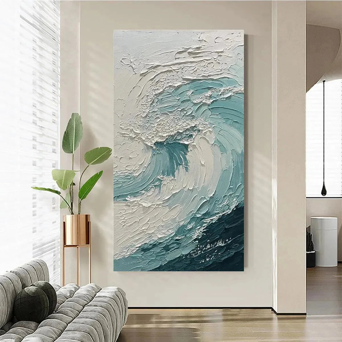 AQUAMARINE CREST: Textured Ocean Wave Painting, Vertical Canvas, Coastal Wall Art | rolled canvas, ready for custom framing