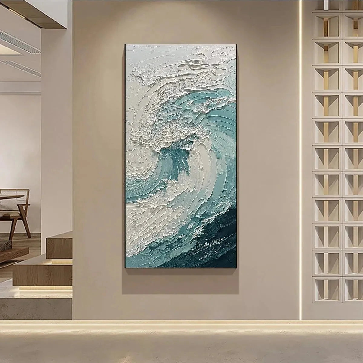 AQUAMARINE CREST: Textured Ocean Wave Painting, Vertical Canvas, Coastal Wall Art | black frame version on white wall