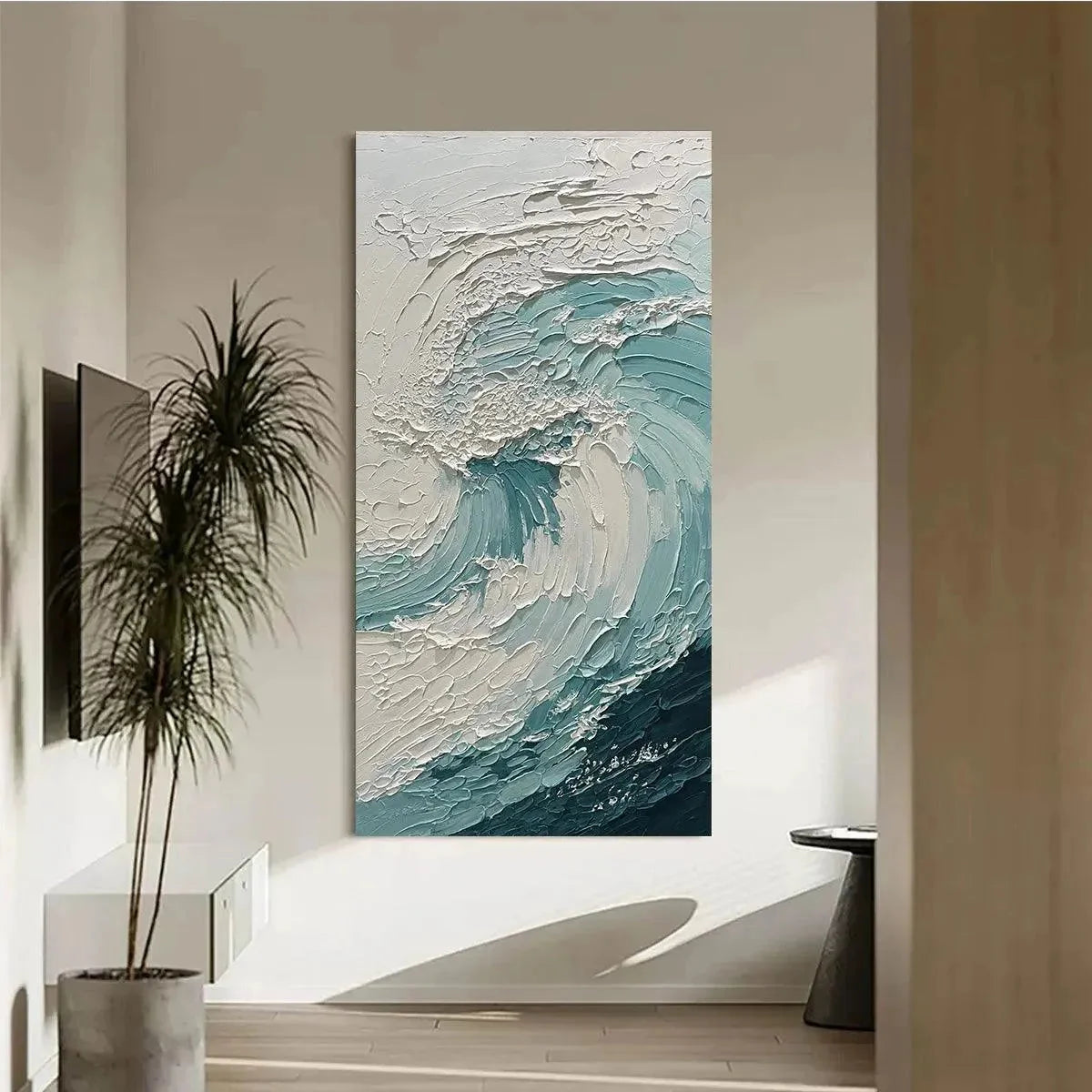 AQUAMARINE CREST: Textured Ocean Wave Painting, Vertical Canvas, Coastal Wall Art | Abstract mood, soft natural light studio shot