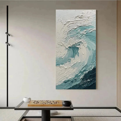 AQUAMARINE CREST: Textured Ocean Wave Painting, Vertical Canvas, Coastal Wall Art | blue palette, original Hand-painted on premium stretched canvas using artist-grade oils; rich layered surface com...