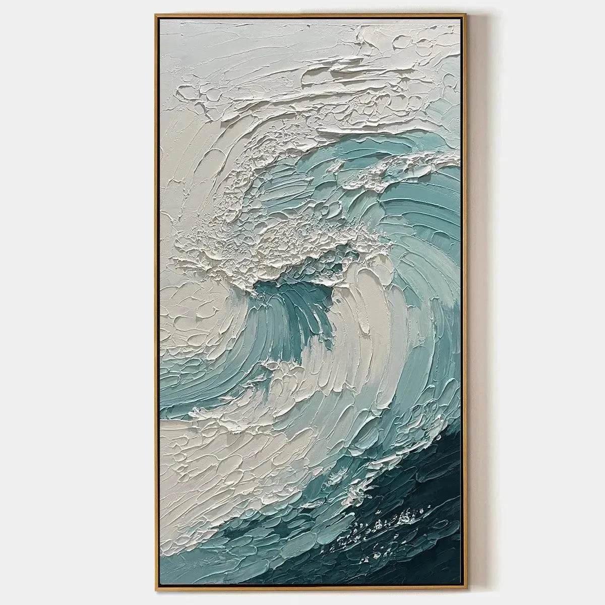 AQUAMARINE CREST: Textured Ocean Wave Painting, Vertical Canvas, Coastal Wall Art | hanging in AQUAMARINE CREST: Textured Ocean Wave Painting, Vertical Canvas, Coastal Wall Art featuring layered te...