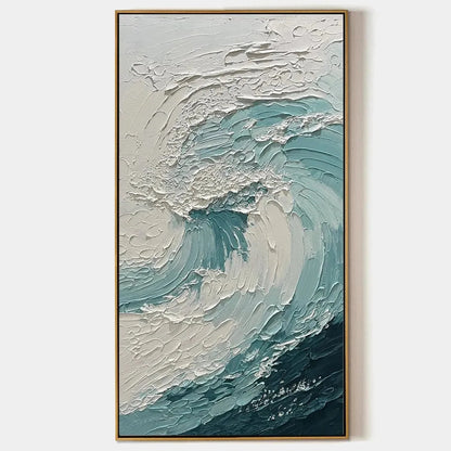 AQUAMARINE CREST: Textured Ocean Wave Painting, Vertical Canvas, Coastal Wall Art | hanging in AQUAMARINE CREST: Textured Ocean Wave Painting, Vertical Canvas, Coastal Wall Art featuring layered te...