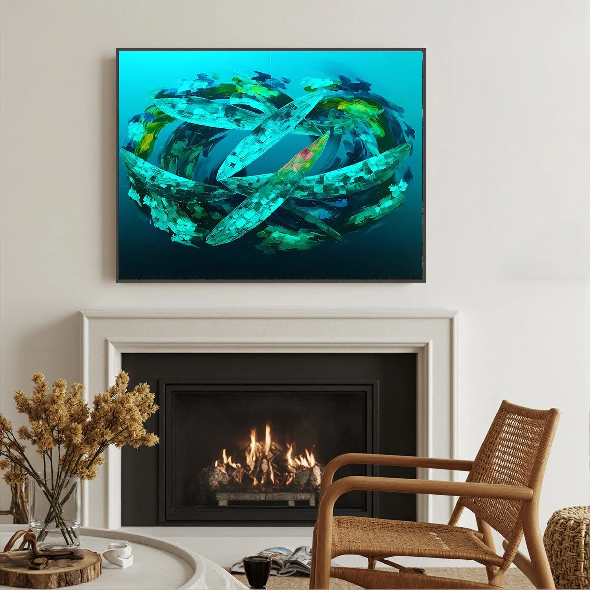 AQUAMARINE DREAM: Textured Abstract Oil Painting in Blues & Greens | black frame version on white wall