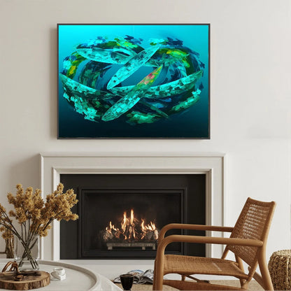 AQUAMARINE DREAM: Textured Abstract Oil Painting in Blues & Greens | black frame version on white wall