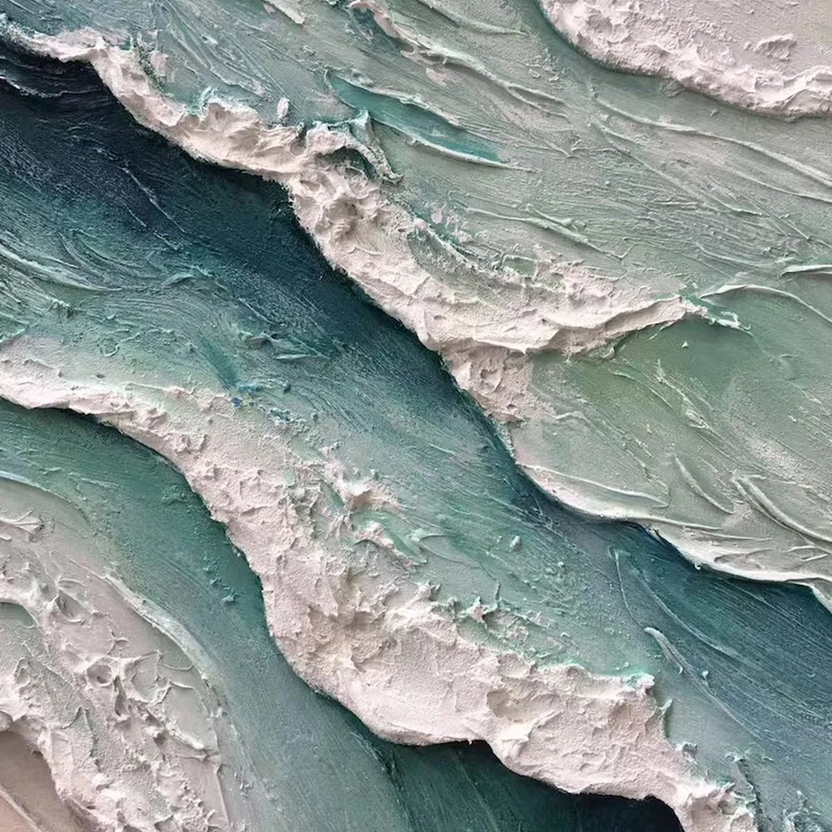 AQUAMARINE RUSH: Textured Impasto Ocean Wave Painting | rectangular format, hand-painted canvas edge