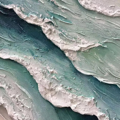 AQUAMARINE RUSH: Textured Impasto Ocean Wave Painting | rectangular format, hand-painted canvas edge