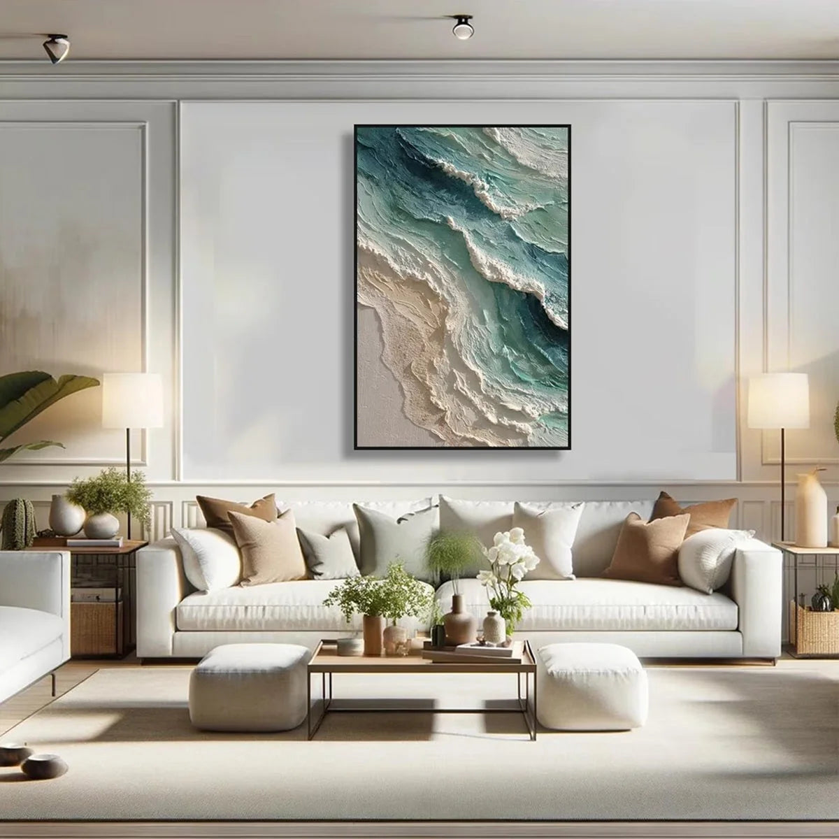 AQUAMARINE RUSH: Textured Impasto Ocean Wave Painting | gold frame stretched on neutral wall