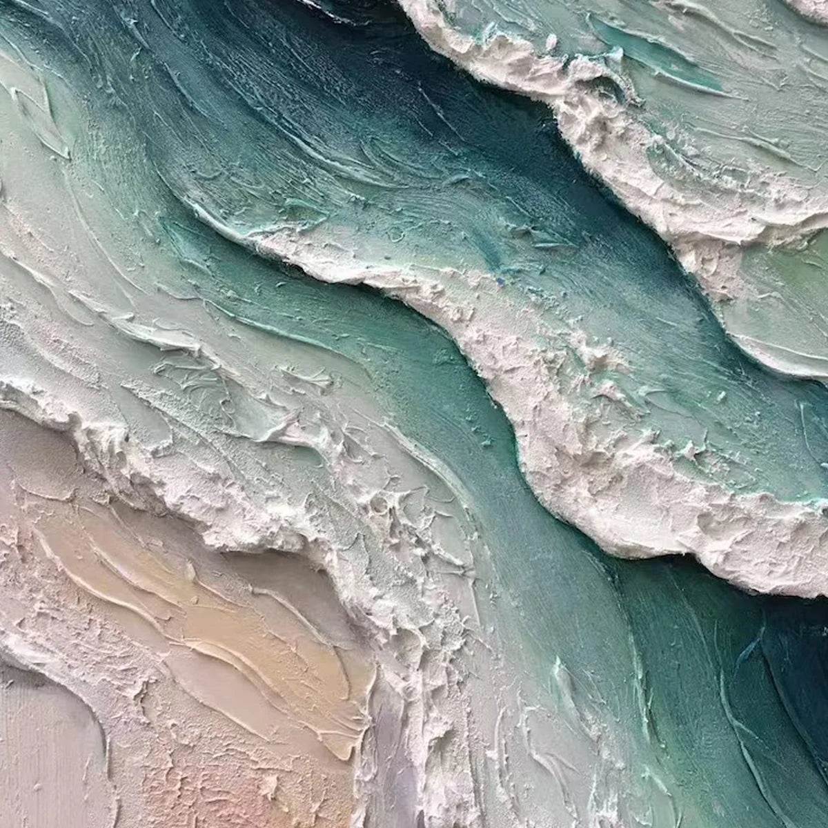 AQUAMARINE RUSH: Textured Impasto Ocean Wave Painting | black frame version on white wall