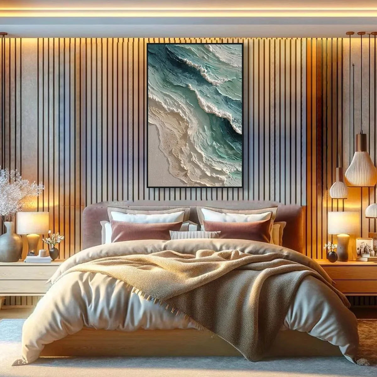 AQUAMARINE RUSH: Textured Impasto Ocean Wave Painting | Abstract mood, soft natural light studio shot