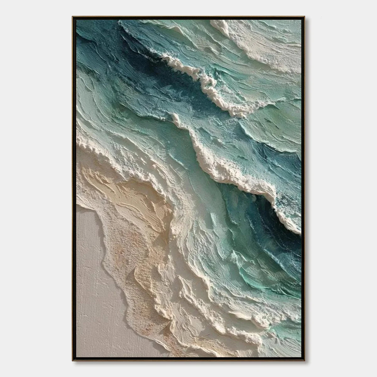 AQUAMARINE RUSH: Textured Impasto Ocean Wave Painting | hanging in AQUAMARINE RUSH: Textured Impasto Ocean Wave Painting featuring layered textured brushwork in refined tones; abstract composition ...