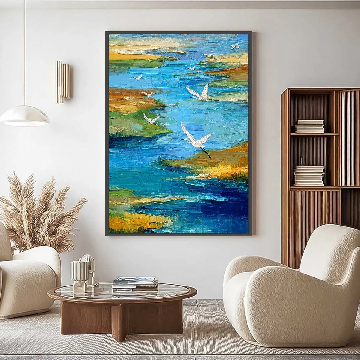 AQUAMARINE SOJOURN: Textured Impasto Coastal Landscape Painting with Birds | Landscape closeup, raised brushwork detail