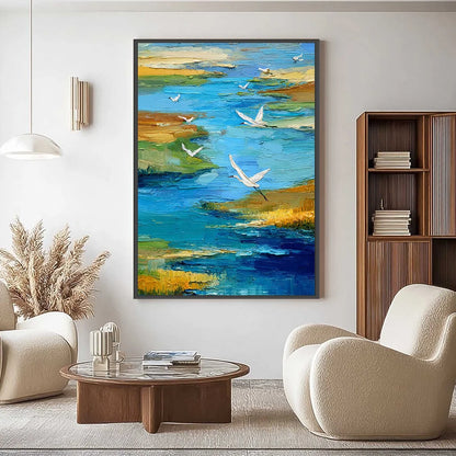 AQUAMARINE SOJOURN: Textured Impasto Coastal Landscape Painting with Birds | Landscape closeup, raised brushwork detail