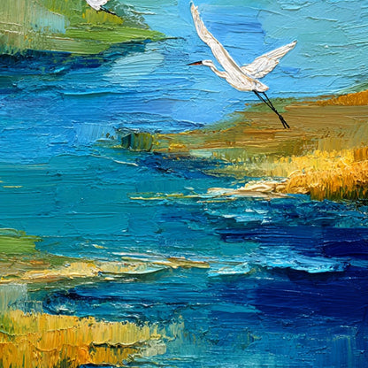 AQUAMARINE SOJOURN: Textured Impasto Coastal Landscape Painting with Birds | rectangular format, hand-painted canvas edge