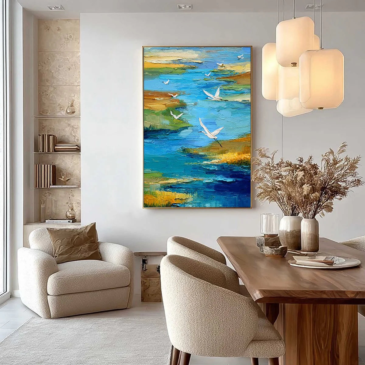AQUAMARINE SOJOURN: Textured Impasto Coastal Landscape Painting with Birds | gold frame stretched on neutral wall