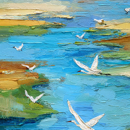 AQUAMARINE SOJOURN: Textured Impasto Coastal Landscape Painting with Birds | rolled canvas, ready for custom framing
