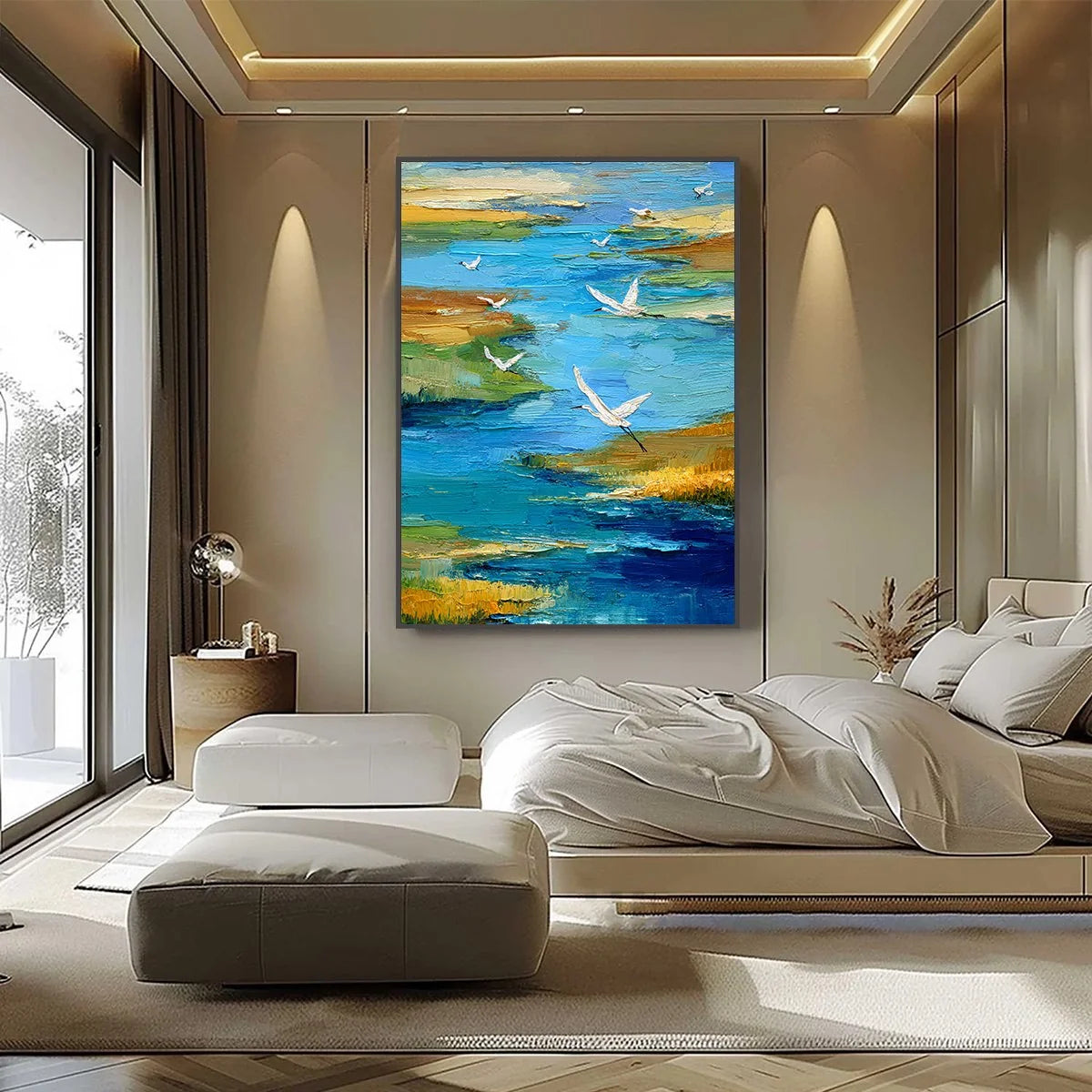 AQUAMARINE SOJOURN: Textured Impasto Coastal Landscape Painting with Birds | black frame version on white wall
