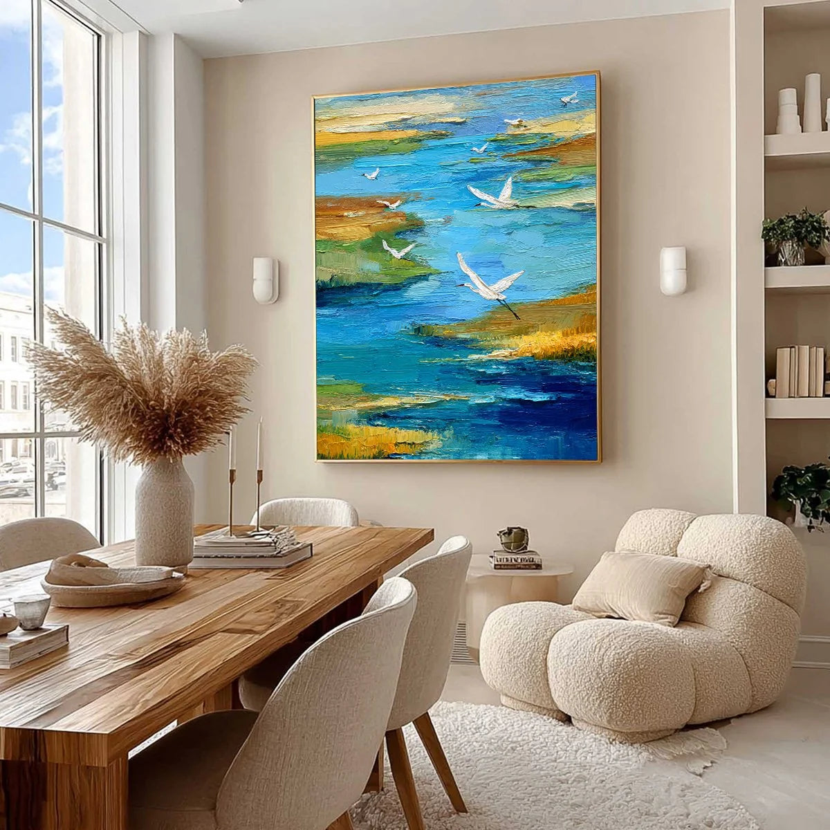 AQUAMARINE SOJOURN: Textured Impasto Coastal Landscape Painting with Birds | Landscape mood, soft natural light studio shot