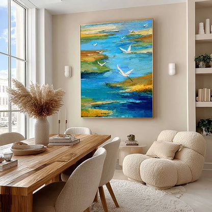 AQUAMARINE SOJOURN: Textured Impasto Coastal Landscape Painting with Birds | Landscape mood, soft natural light studio shot