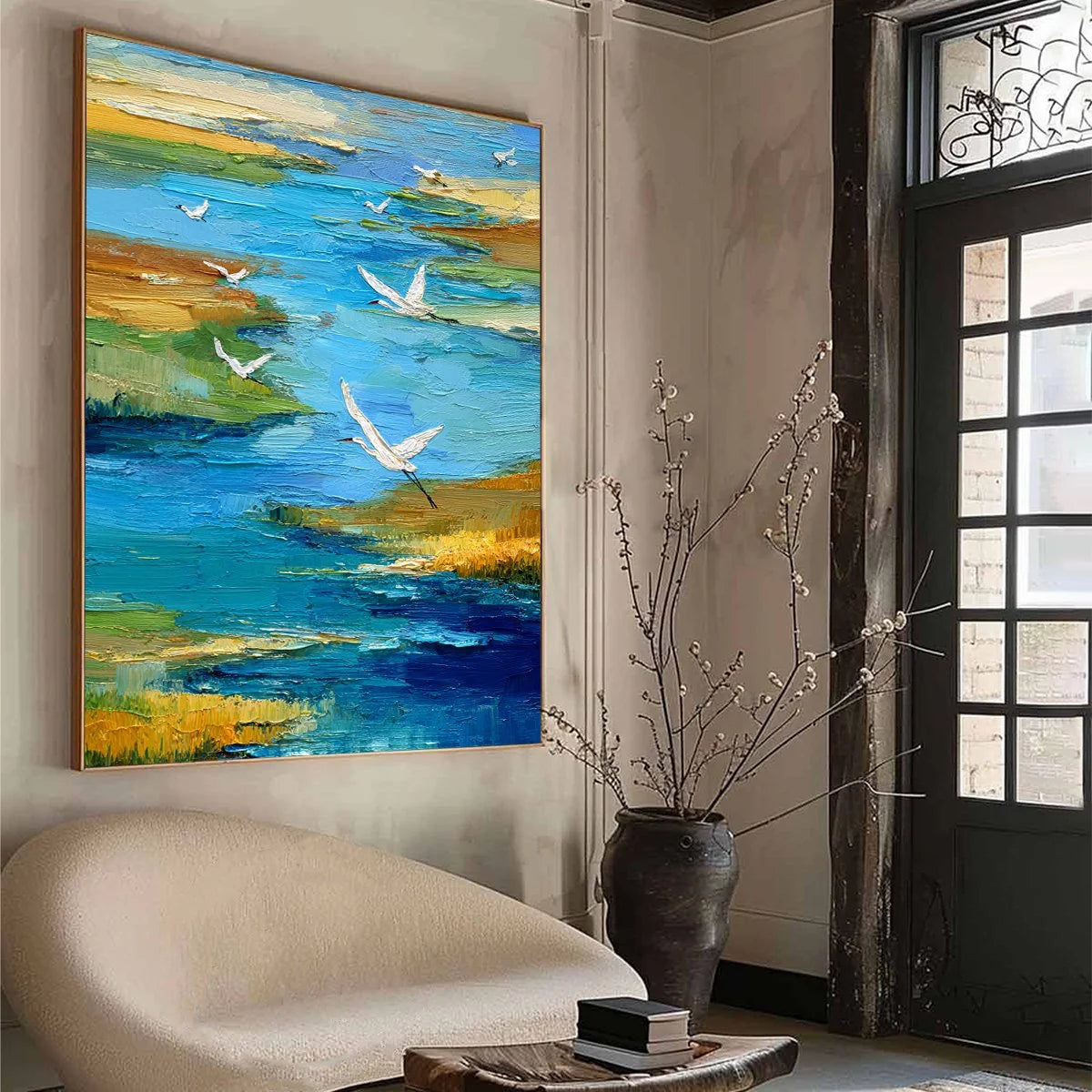AQUAMARINE SOJOURN: Textured Impasto Coastal Landscape Painting with Birds | beige palette, original Hand-painted on premium stretched canvas using artist-grade oils; rich layered surface combines ...