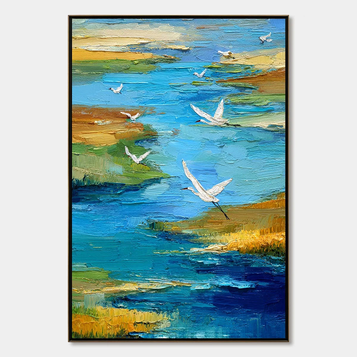 AQUAMARINE SOJOURN: Textured Impasto Coastal Landscape Painting with Birds | hanging in AQUAMARINE SOJOURN: Textured Impasto Coastal Landscape Painting with Birds featuring layered textured brushwo...